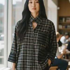 Plaid, square buttons, unique piecing, top
